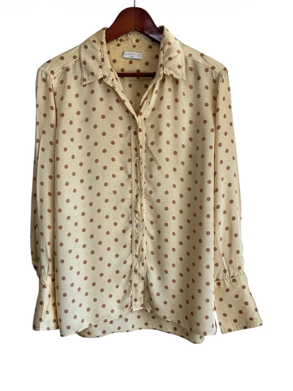 Sandro Women’s Peany Polka Dot Satin Button Up Shirt Yellow & Brown Size 3 Large
